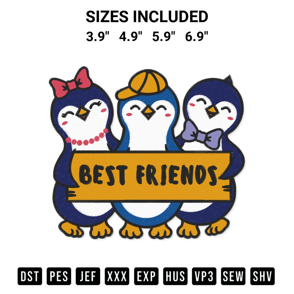 Transform your fabrics with the Cute Penguin Best Friends Embroidery Design embroidery design. Instant access to premium digitized patterns at Designspacks.com. Available sizes: 3.9", 4.9", 5.9", 6.9".