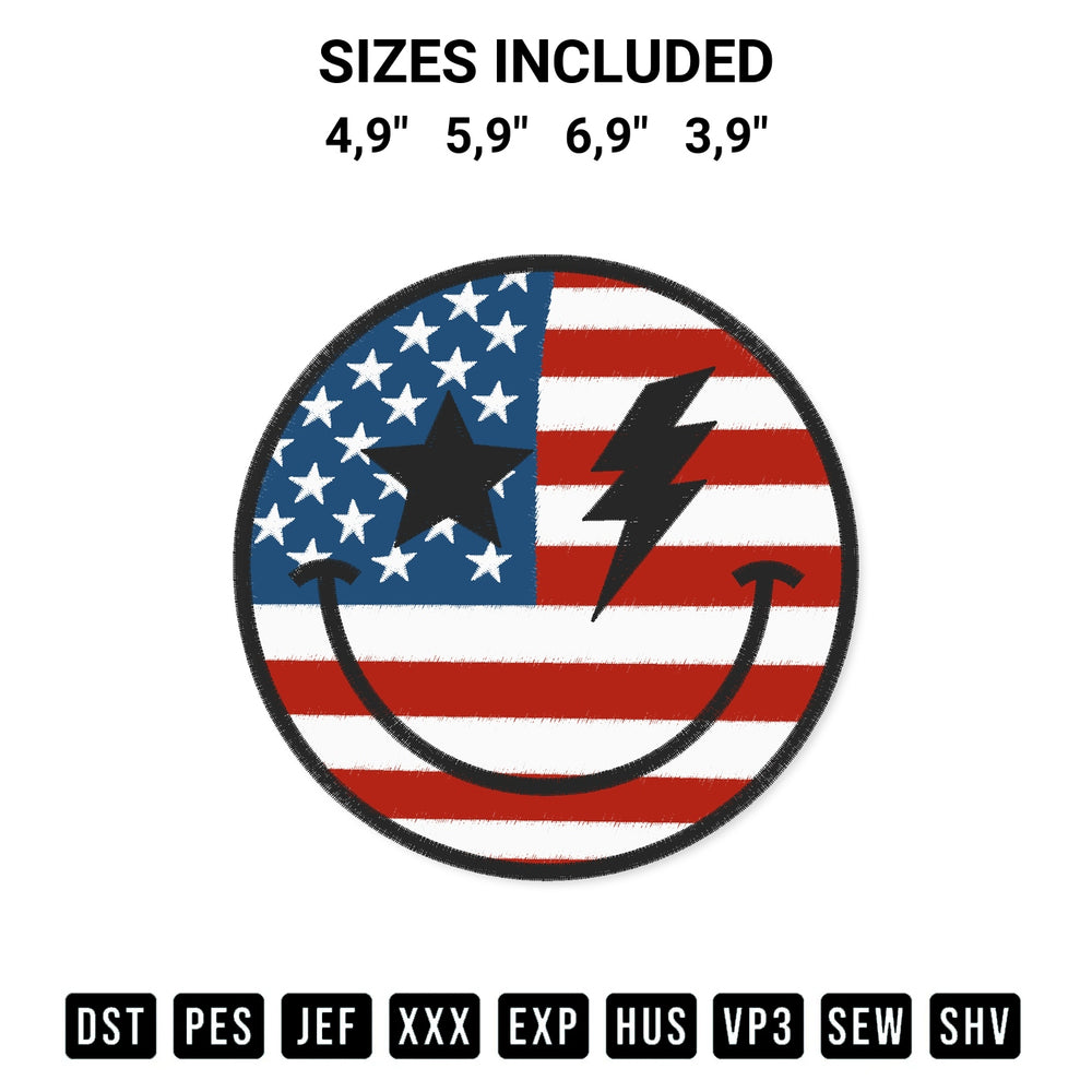 Add a unique touch to your apparel with the Usa Flag Smiley Face Happy Logo Embroidery Design embroidery file. Premium instant download available now on Designspacks.com. Available sizes: 4,9", 5,9", 6,9", 3,9".