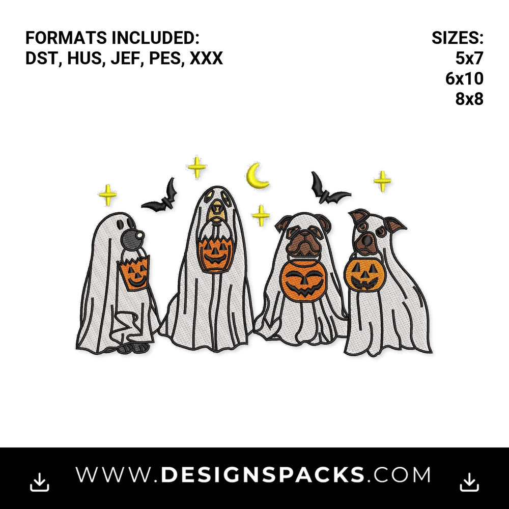 Halloween Ghost Dogs Trick or Treat Embroidery Design - Instant digital download pattern at Designspacks.com