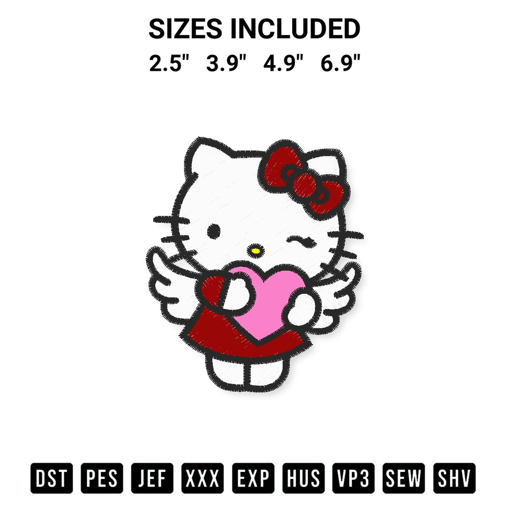 Add a unique touch to your apparel with the Hello Kitty Cupid Valentine Embroidery Design embroidery file. Premium instant download available now on Designspacks.com. Available sizes: 2.5", 3.9", 4.9", 6.9".