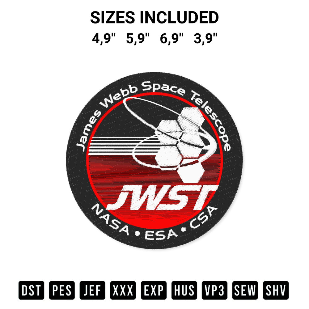 Shop the James Webb Space Telescope Jwst Logo Embroidery Design machine embroidery pattern at Designspacks.com. Beautifully digitized for flawless stitching on any fabric. Available sizes: 4,9", 5,9", 6,9", 3,9".