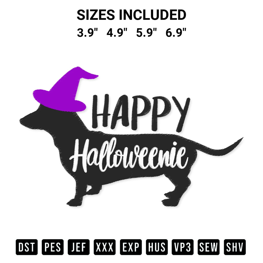 Transform your fabrics with the Happy Halloweenie Dachshund Witch Hat Dog Embroidery Design embroidery design. Instant access to premium digitized patterns at Designspacks.com. Available sizes: 3.9", 4.9", 5.9", 6.9".