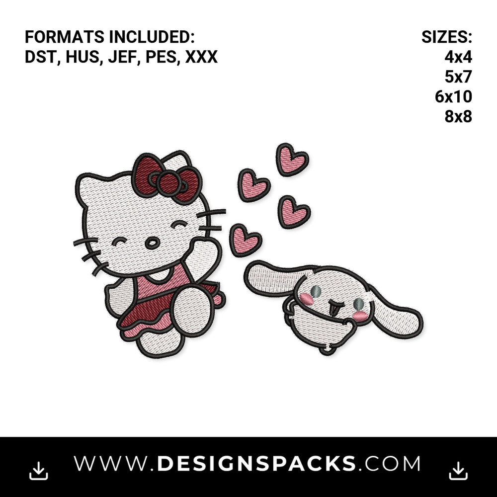 Hello Kitty and Cinnamoroll with Hearts Embroidery Design - Instant digital download pattern at Designspacks.com