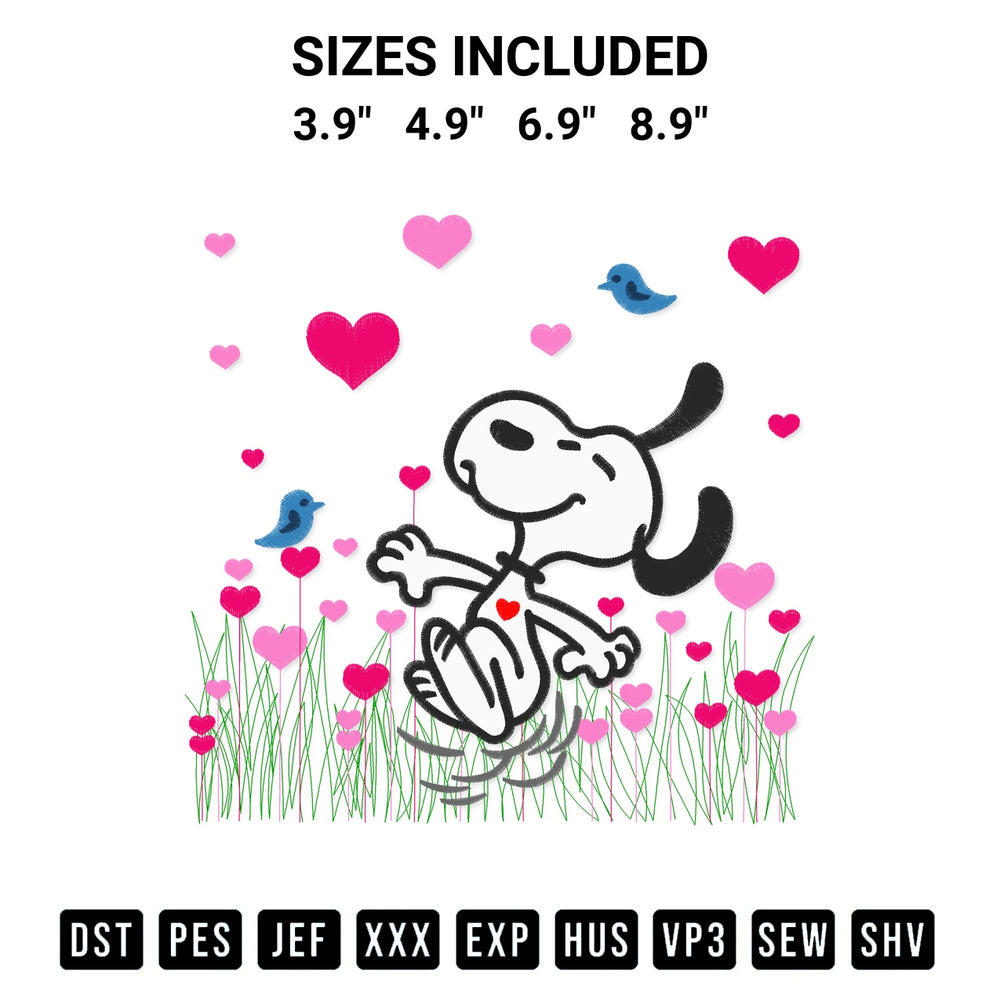 Stitch like a pro with the Snoopy In Garden Hearts Love Embroidery Design embroidery pattern from Designspacks.com. High-quality digital machine embroidery file. Available sizes: 3.9", 4.9", 6.9", 8.9".