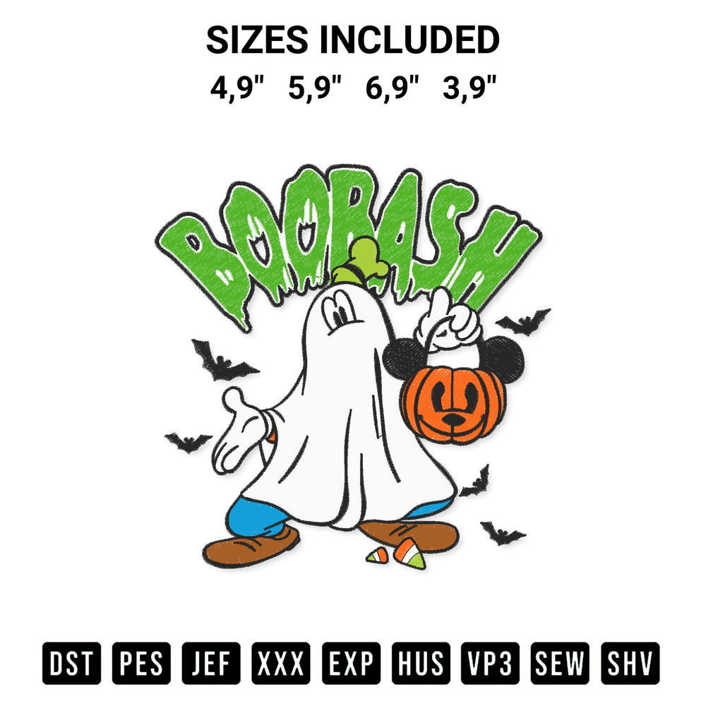 Create amazing crafts with the Disney Goofy Boo Bash Halloween Goofy Ghost Mickey Pumpkin Bat Logo Embroidery Design embroidery file. High-quality digital download from Designspacks.com, perfect for beginners and pros. Available sizes: 4,9", 5,9", 6,9", 3,9".