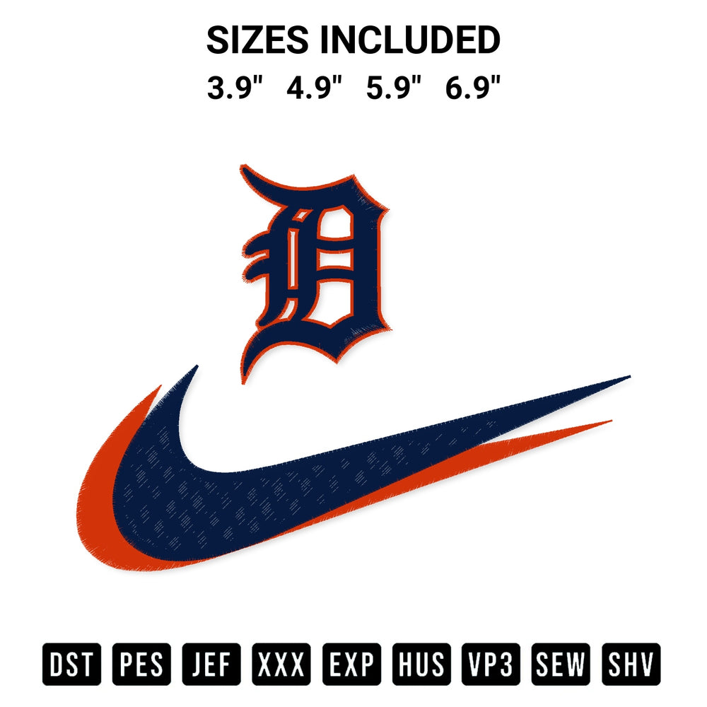 Download the Detroit Tigers Swoosh Embroidery Design machine embroidery design exclusively at Designspacks.com. Premium digitized pattern for apparel and DIY crafts. Available sizes: 3.9", 4.9", 5.9", 6.9".