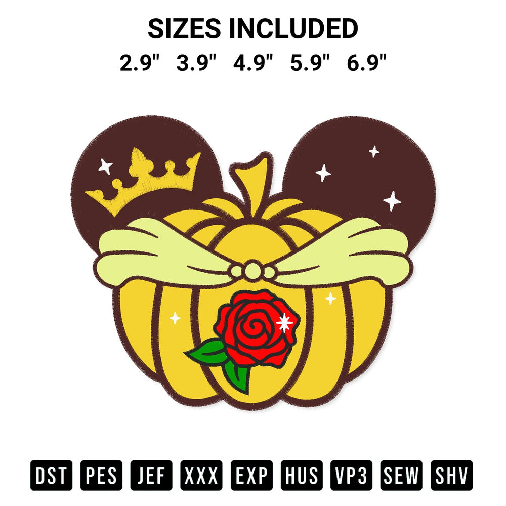 Elevate your next project with our Belle Beauty Princess Pumpkin Mouse Head Embroidery Design embroidery file. Shop high-quality digital patterns instantly at Designspacks.com. Available sizes: 2.9", 3.9", 4.9", 5.9", 6.9".