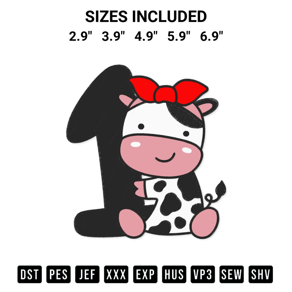 Get the Girl Cow With Number One Birthday Embroidery Design embroidery design for your custom crafts! Premium digitized files available for instant download at Designspacks.com. Available sizes: 2.9", 3.9", 4.9", 5.9", 6.9".