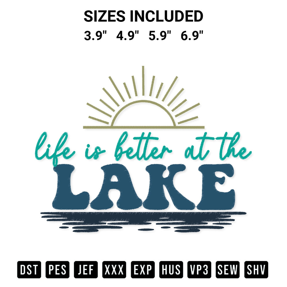 Add a unique touch to your apparel with the Life Is Better At The Lake Embroidery Design embroidery file. Premium instant download available now on Designspacks.com. Available sizes: 3.9", 4.9", 5.9", 6.9".