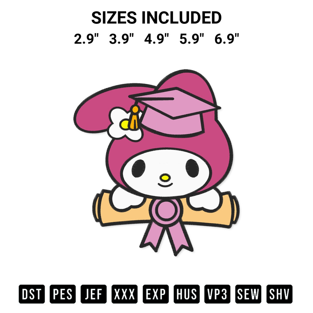Download the Sanrio My Melody Graduation Embroidery Design machine embroidery design exclusively at Designspacks.com. Premium digitized pattern for apparel and DIY crafts. Available sizes: 2.9", 3.9", 4.9", 5.9", 6.9".