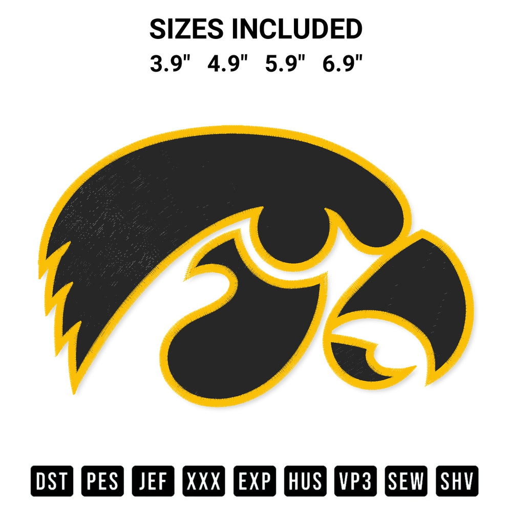 Transform your fabrics with the Iowa Hawkeyes Logo Embroidery Design embroidery design. Instant access to premium digitized patterns at Designspacks.com. Available sizes: 3.9", 4.9", 5.9", 6.9".