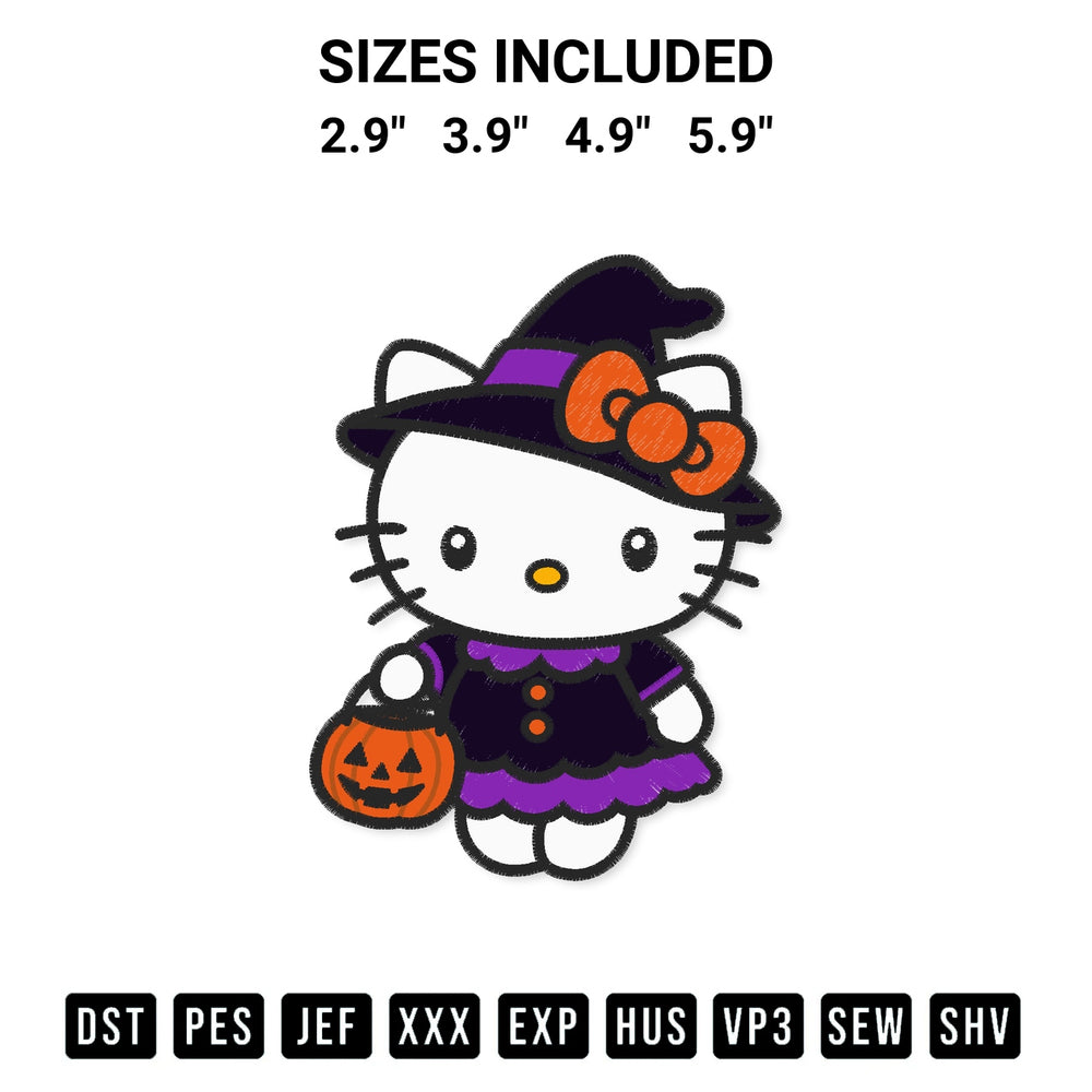 Add a unique touch to your apparel with the Hello Kitty Halloween Witch Embroidery Design embroidery file. Premium instant download available now on Designspacks.com. Available sizes: 2.9", 3.9", 4.9", 5.9".