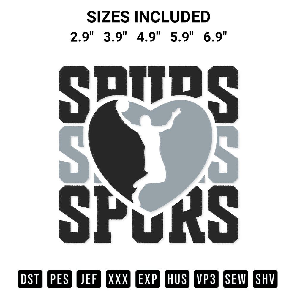 Stitch like a pro with the Spurs Basketball Heart Embroidery Design embroidery pattern from Designspacks.com. High-quality digital machine embroidery file. Available sizes: 2.9", 3.9", 4.9", 5.9", 6.9".