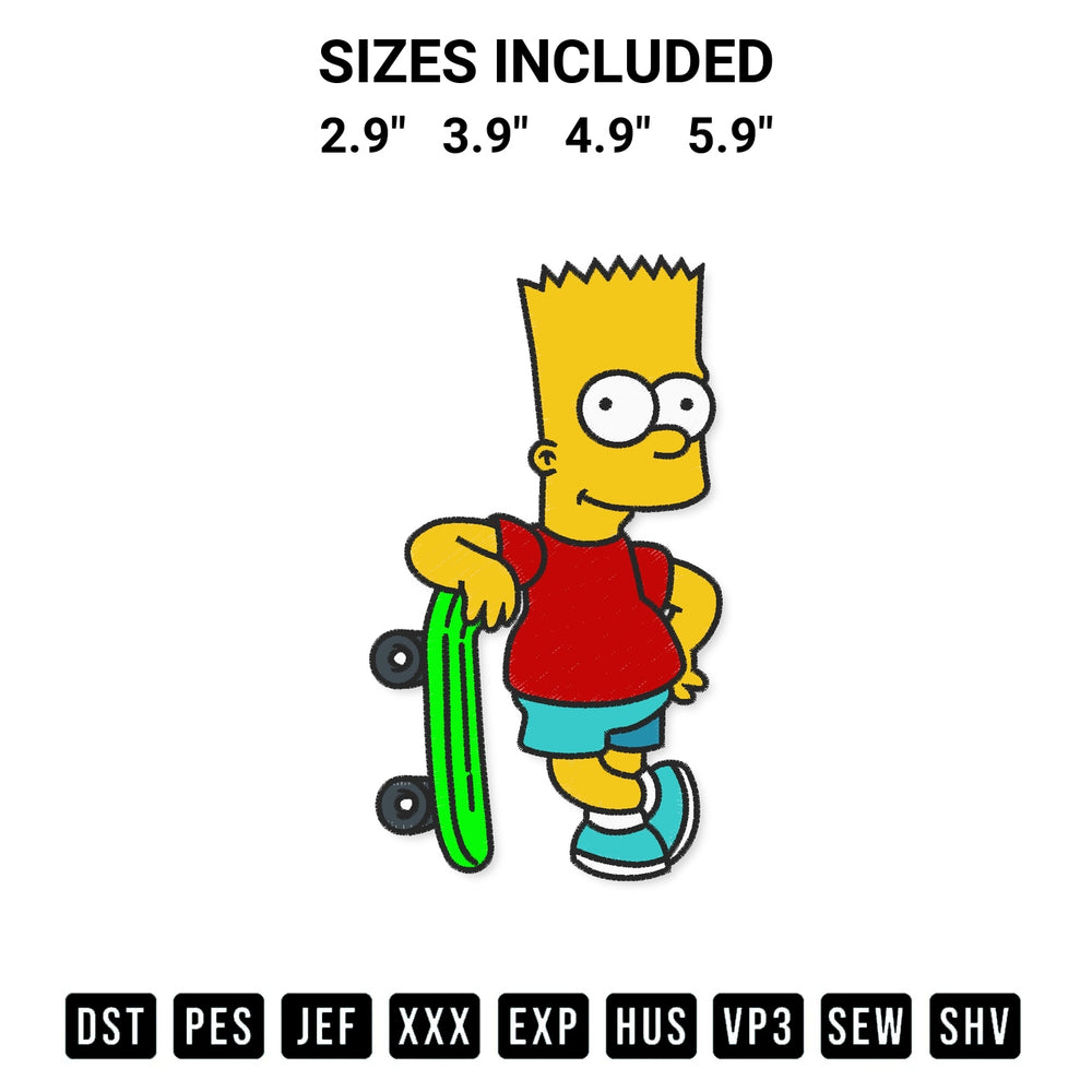 Download the Skateboarding Bart Simpson Embroidery Design machine embroidery design exclusively at Designspacks.com. Premium digitized pattern for apparel and DIY crafts. Available sizes: 2.9", 3.9", 4.9", 5.9".