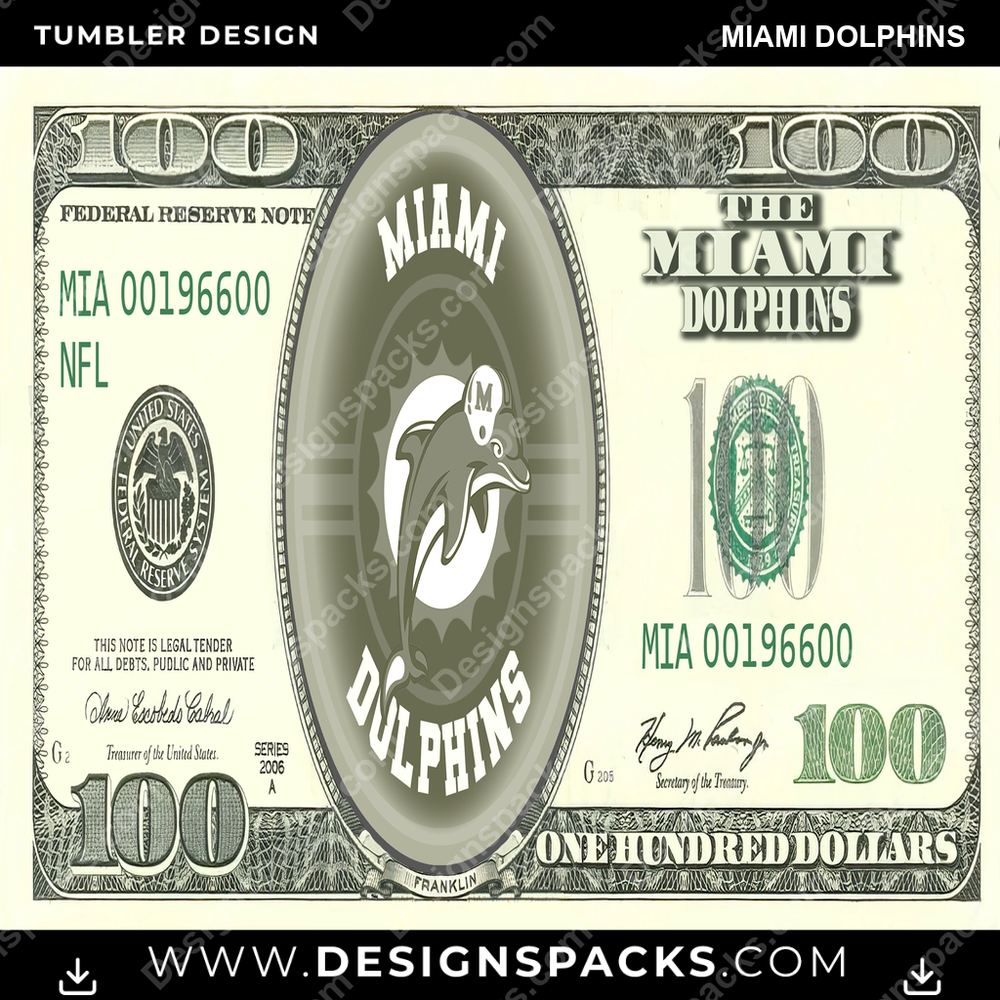 Football 100 Dollar Bill Miami Dolphins NFL Football Tumbler Digital Wrap Design Download