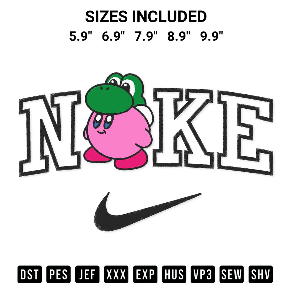 Stitch like a pro with the Nike Kirby With Yoshi Hat Embroidery Design embroidery pattern from Designspacks.com. High-quality digital machine embroidery file. Available sizes: 5.9", 6.9", 7.9", 8.9", 9.9".