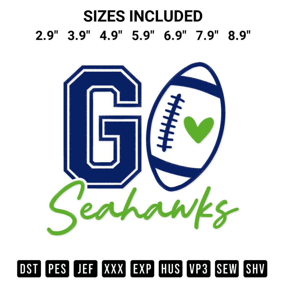 Download the Go Seahawks Football Embroidery Design machine embroidery design exclusively at Designspacks.com. Premium digitized pattern for apparel and DIY crafts. Available sizes: 2.9", 3.9", 4.9", 5.9", 6.9", 7.9", 8.9".