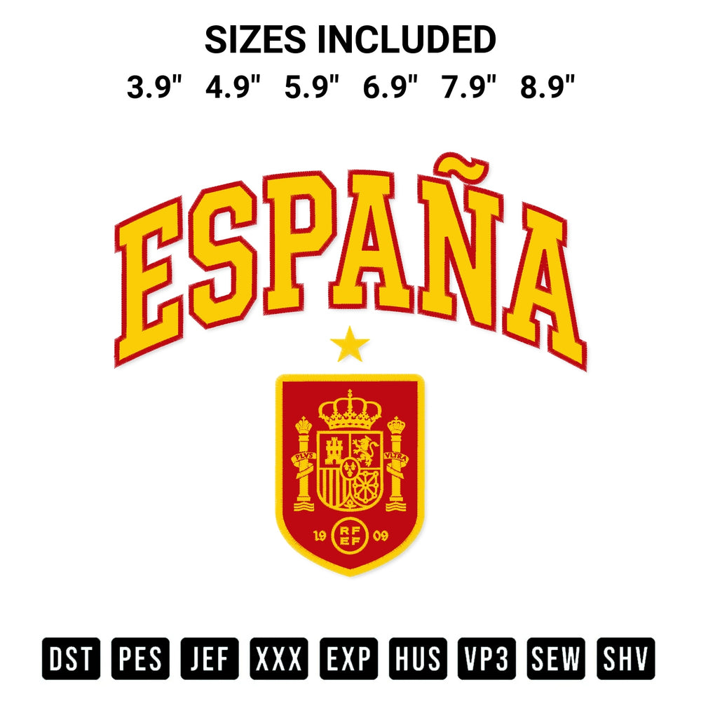 Create amazing crafts with the Espana Soccer Crest Embroidery Design embroidery file. High-quality digital download from Designspacks.com, perfect for beginners and pros. Available sizes: 3.9", 4.9", 5.9", 6.9", 7.9", 8.9".