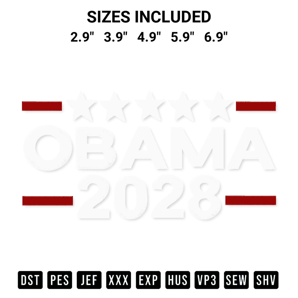 Elevate your next project with our Obama 2028 Embroidery Design embroidery file. Shop high-quality digital patterns instantly at Designspacks.com. Available sizes: 2.9", 3.9", 4.9", 5.9", 6.9".