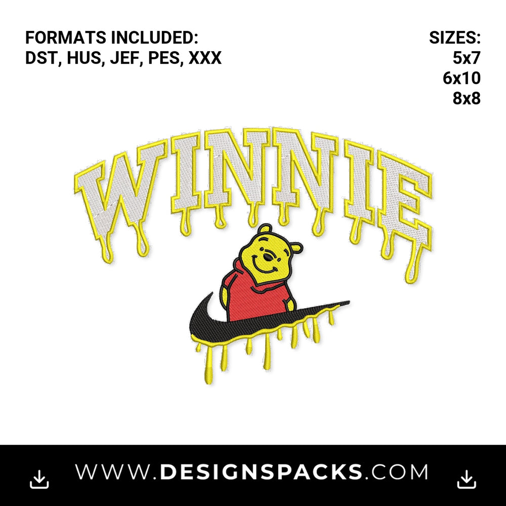 Winnie Pooh Dripping Honey Swoosh Embroidery Design - Instant digital download pattern at Designspacks.com