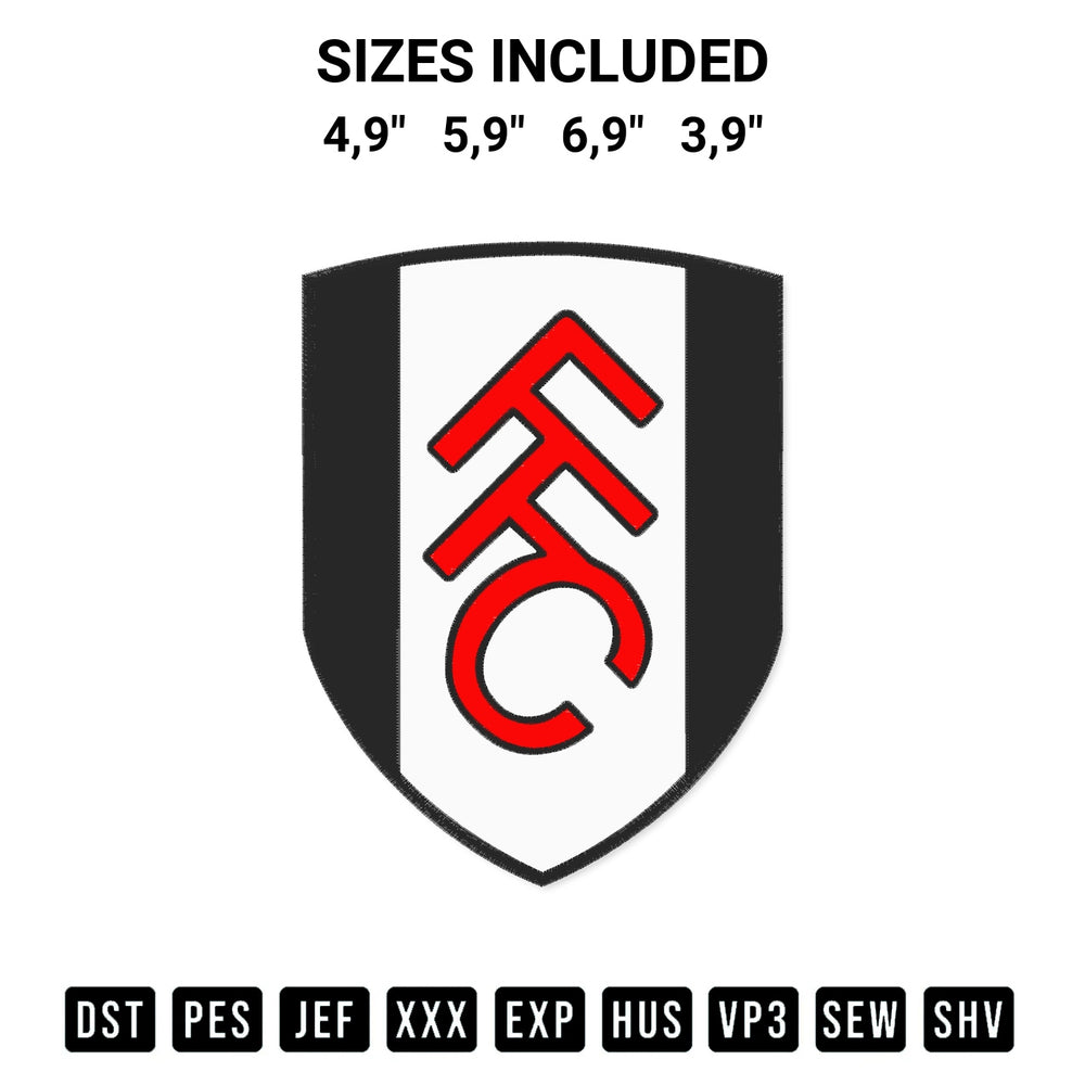Stitch like a pro with the Fulham Fc Embroidery Design embroidery pattern from Designspacks.com. High-quality digital machine embroidery file. Available sizes: 4,9", 5,9", 6,9", 3,9".