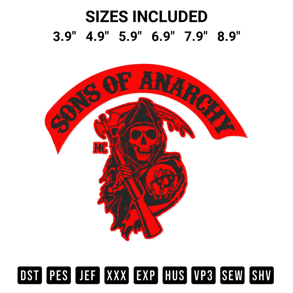 Elevate your next project with our Sons Of Anarchy Embroidery Design embroidery file. Shop high-quality digital patterns instantly at Designspacks.com. Available sizes: 3.9", 4.9", 5.9", 6.9", 7.9", 8.9".