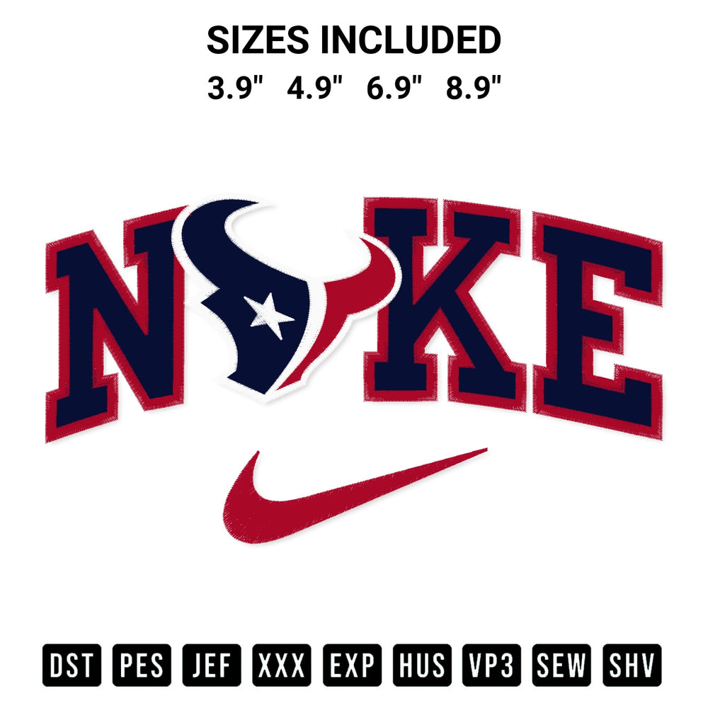 Transform your fabrics with the Houston Texans X Nike Embroidery Design embroidery design. Instant access to premium digitized patterns at Designspacks.com. Available sizes: 3.9", 4.9", 6.9", 8.9".