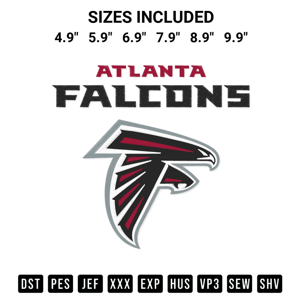 Create amazing crafts with the Atlanta Falcons Embroidery Design embroidery file. High-quality digital download from Designspacks.com, perfect for beginners and pros. Available sizes: 4.9", 5.9", 6.9", 7.9", 8.9", 9.9".
