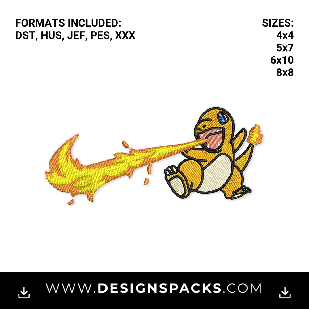 Fire Breathing Charmander Swoosh Embroidery Design - Instant digital download pattern at Designspacks.com