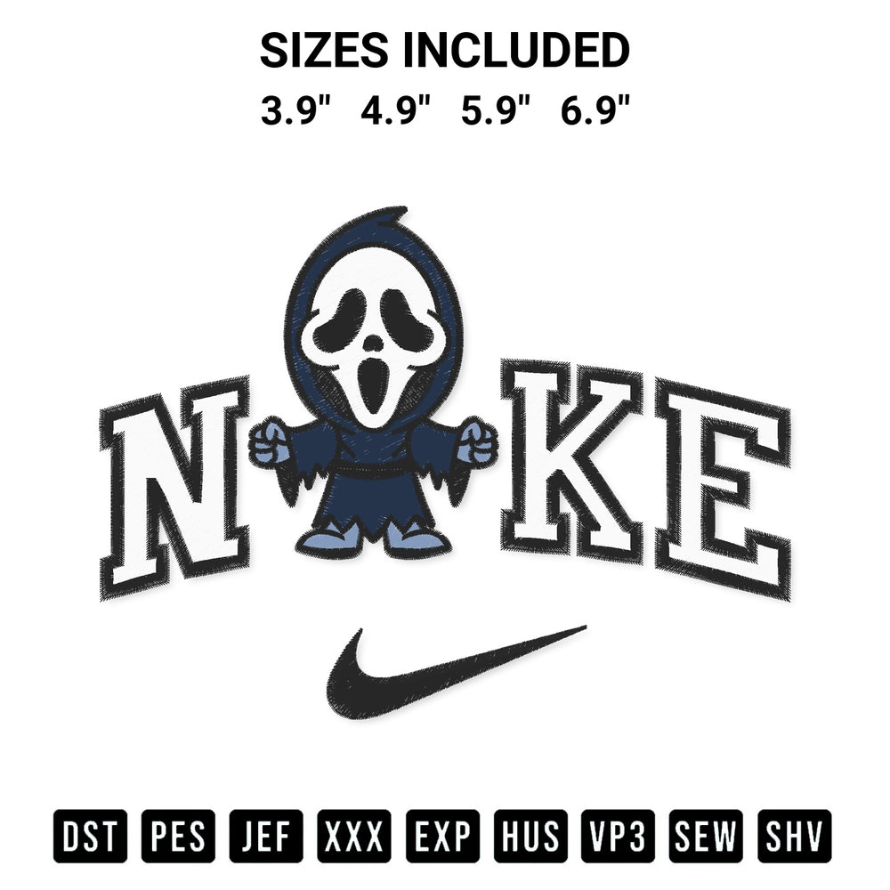 Discover the perfect addition to your crafting collection: Nike Ghostface Scream Embroidery Design embroidery file. Instantly available at Designspacks.com. Available sizes: 3.9", 4.9", 5.9", 6.9".