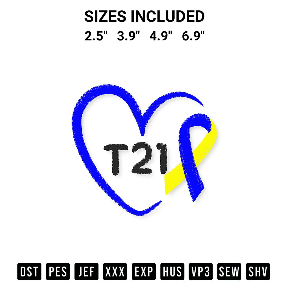 Stitch like a pro with the T21 Down Syndrome Awareness Embroidery Design embroidery pattern from Designspacks.com. High-quality digital machine embroidery file. Available sizes: 2.5", 3.9", 4.9", 6.9".