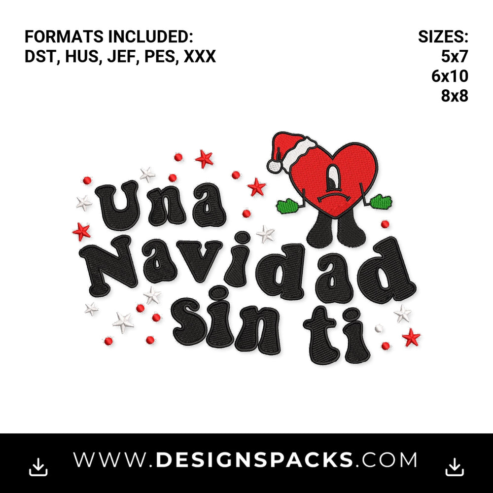 Una Navidad Sin Ti Christmas Heart Embroidery Design - Instant digital download pattern at Designspacks.com