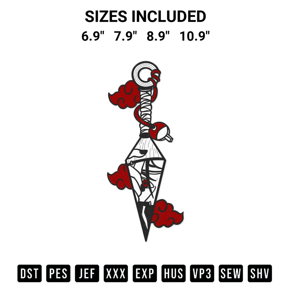 Add a unique touch to your apparel with the Kunai Itachi Uchiha Anime Embroidery Design embroidery file. Premium instant download available now on Designspacks.com. Available sizes: 6.9", 7.9", 8.9", 10.9".