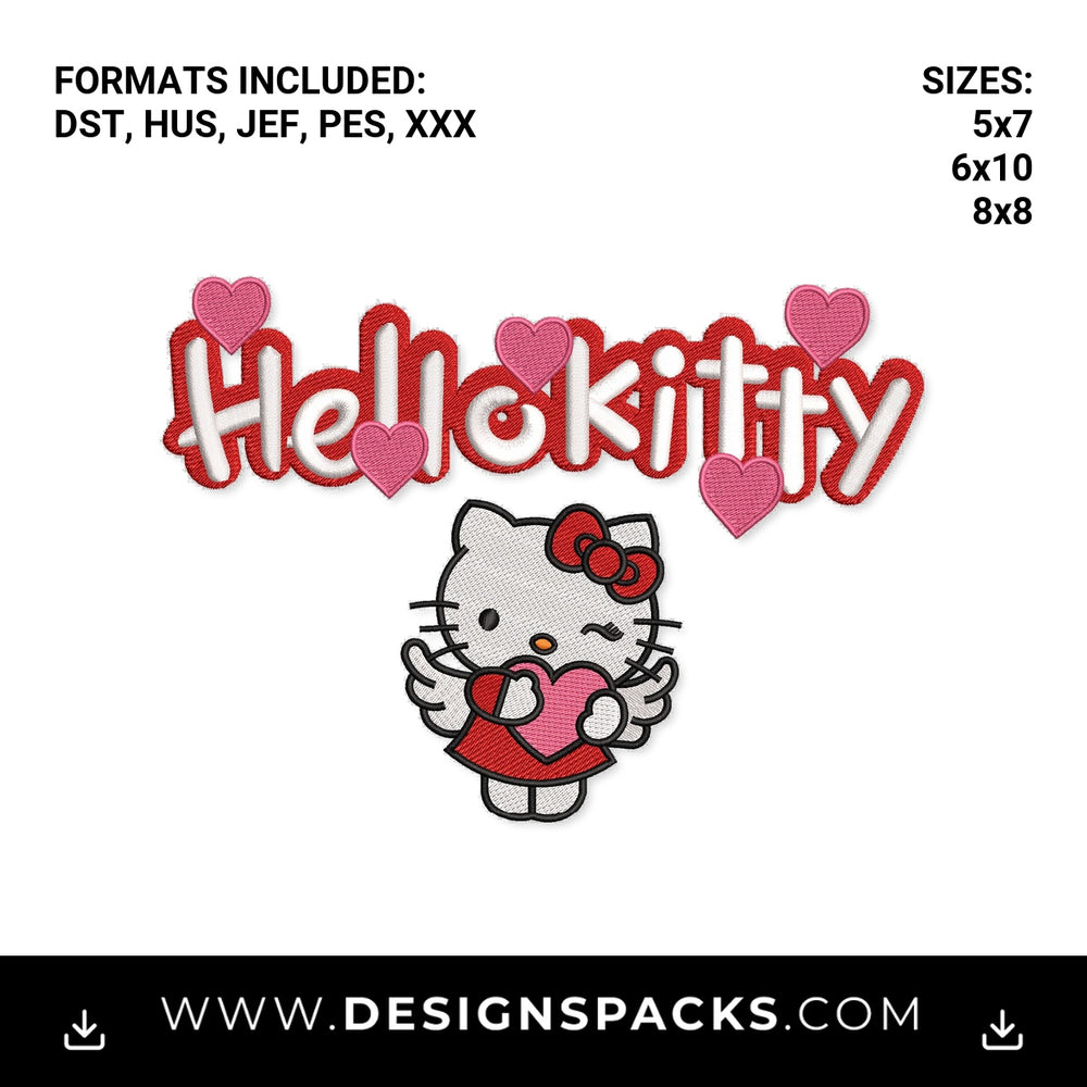 Hello Kitty Valentine Angel Hearts Embroidery Design - Instant digital download pattern at Designspacks.com