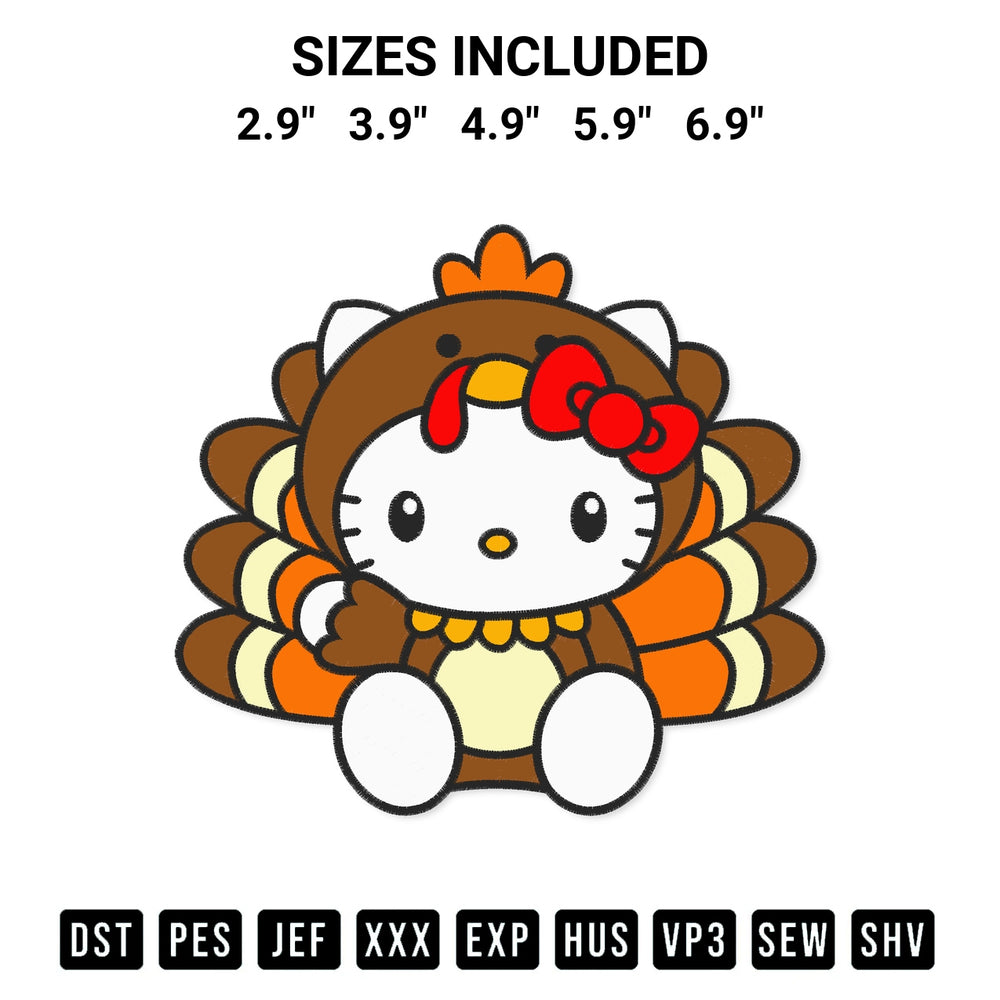 Get the Hello Kitty Turkey Embroidery Design embroidery design for your custom crafts! Premium digitized files available for instant download at Designspacks.com. Available sizes: 2.9", 3.9", 4.9", 5.9", 6.9".