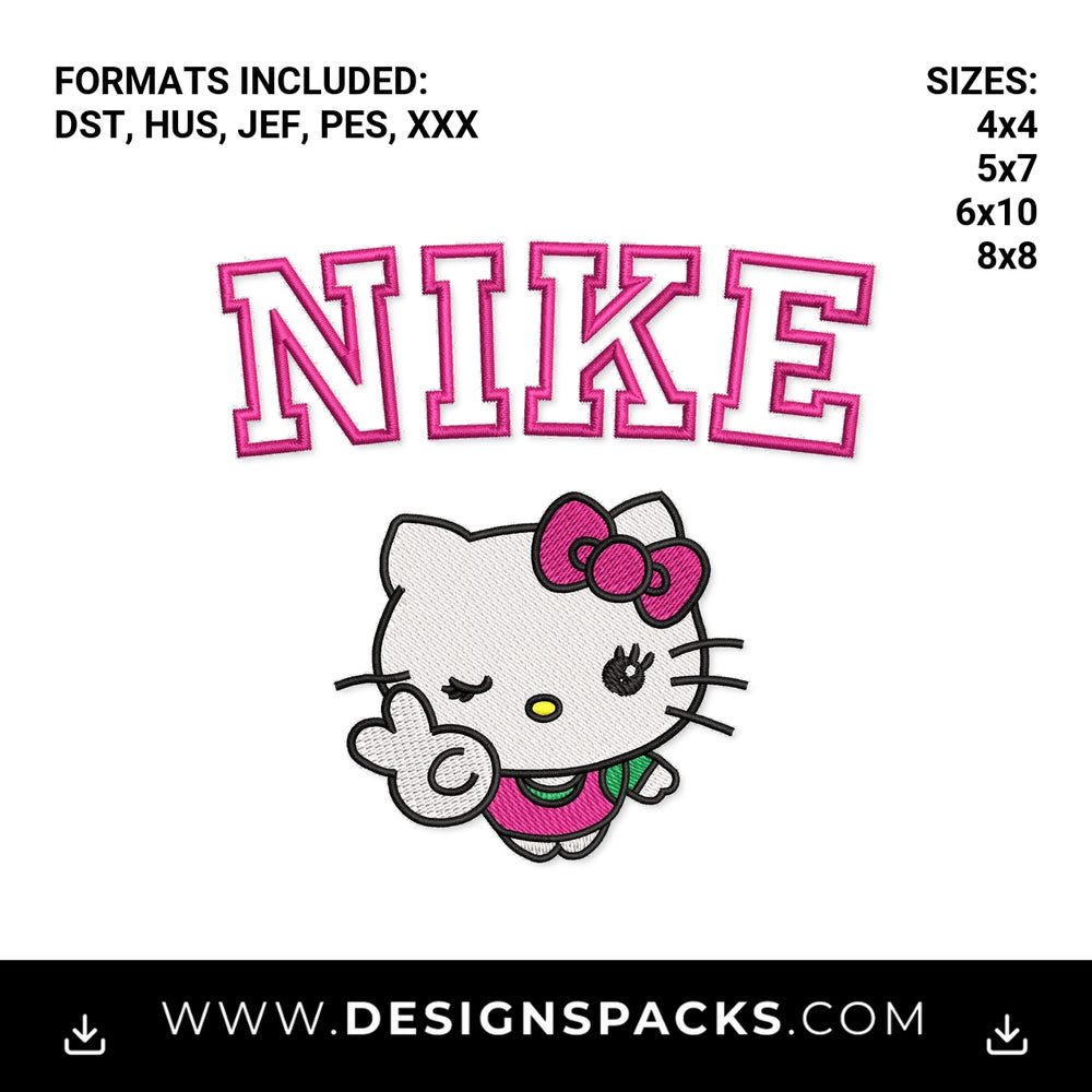Pink Nike Varsity Winking Hello Kitty Embroidery Design - Instant digital download pattern at Designspacks.com