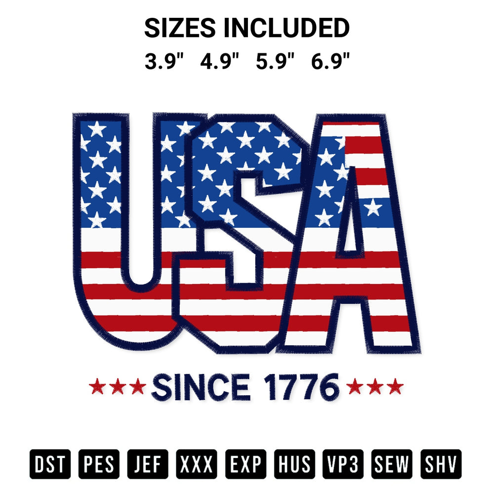 Get the Usa Since 1776 Embroidery Design embroidery design for your custom crafts! Premium digitized files available for instant download at Designspacks.com. Available sizes: 3.9", 4.9", 5.9", 6.9".