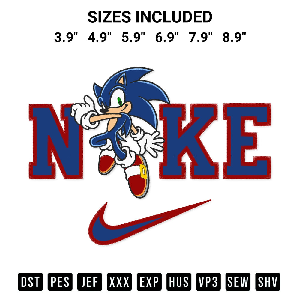 Discover the perfect addition to your crafting collection: Nike Sonic Embroidery Design embroidery file. Instantly available at Designspacks.com. Available sizes: 3.9", 4.9", 5.9", 6.9", 7.9", 8.9".