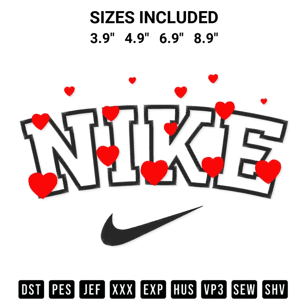 Looking for the perfect pattern? Download the Nike Red Hearts Embroidery Design embroidery design today at Designspacks.com. Crisp, clean stitching guaranteed. Available sizes: 3.9", 4.9", 6.9", 8.9".