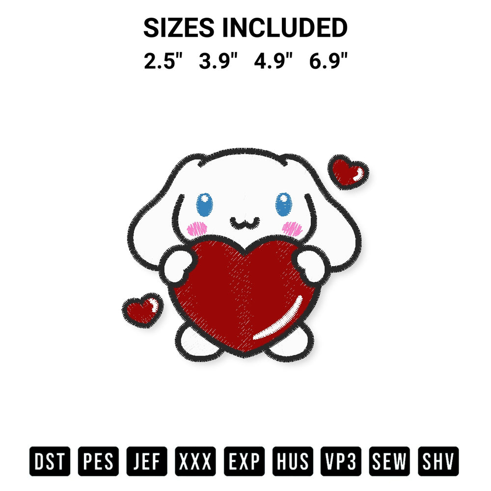 Add a unique touch to your apparel with the Cinnamoroll With Heart Embroidery Design embroidery file. Premium instant download available now on Designspacks.com. Available sizes: 2.5", 3.9", 4.9", 6.9".