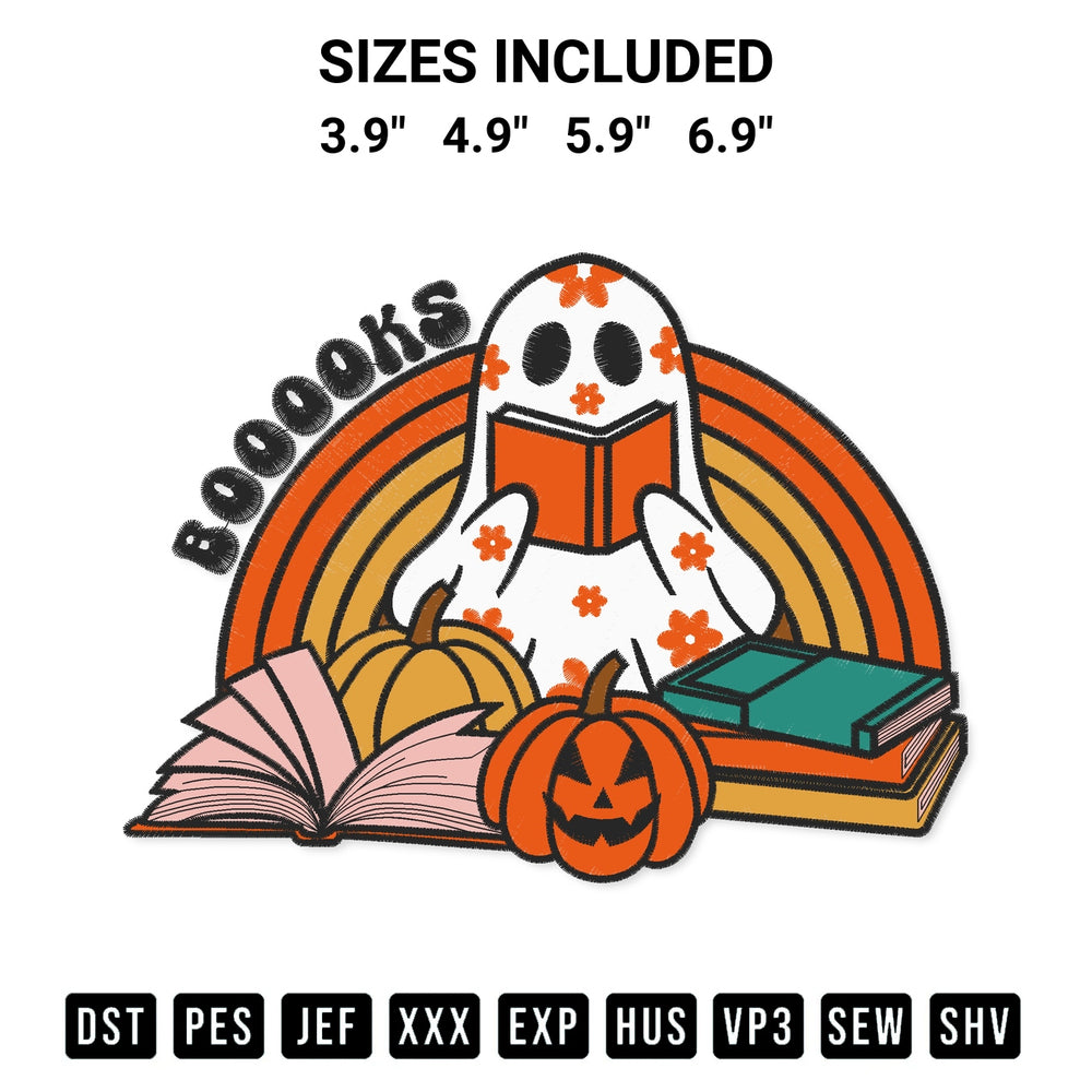 Shop the Booooks Ghost Reading Books Halloween Embroidery Design machine embroidery pattern at Designspacks.com. Beautifully digitized for flawless stitching on any fabric. Available sizes: 3.9", 4.9", 5.9", 6.9".