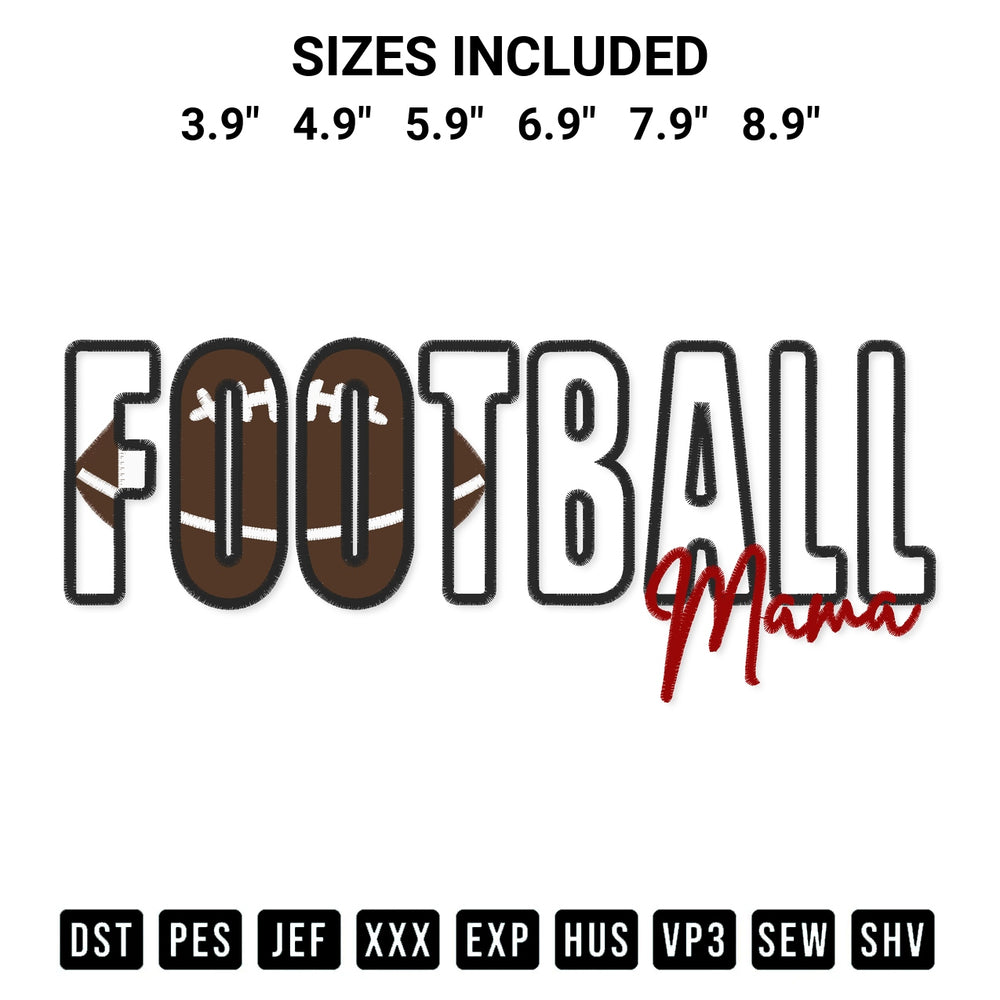 Shop the Sport Football Mama Embroidery Design machine embroidery pattern at Designspacks.com. Beautifully digitized for flawless stitching on any fabric. Available sizes: 3.9", 4.9", 5.9", 6.9", 7.9", 8.9".