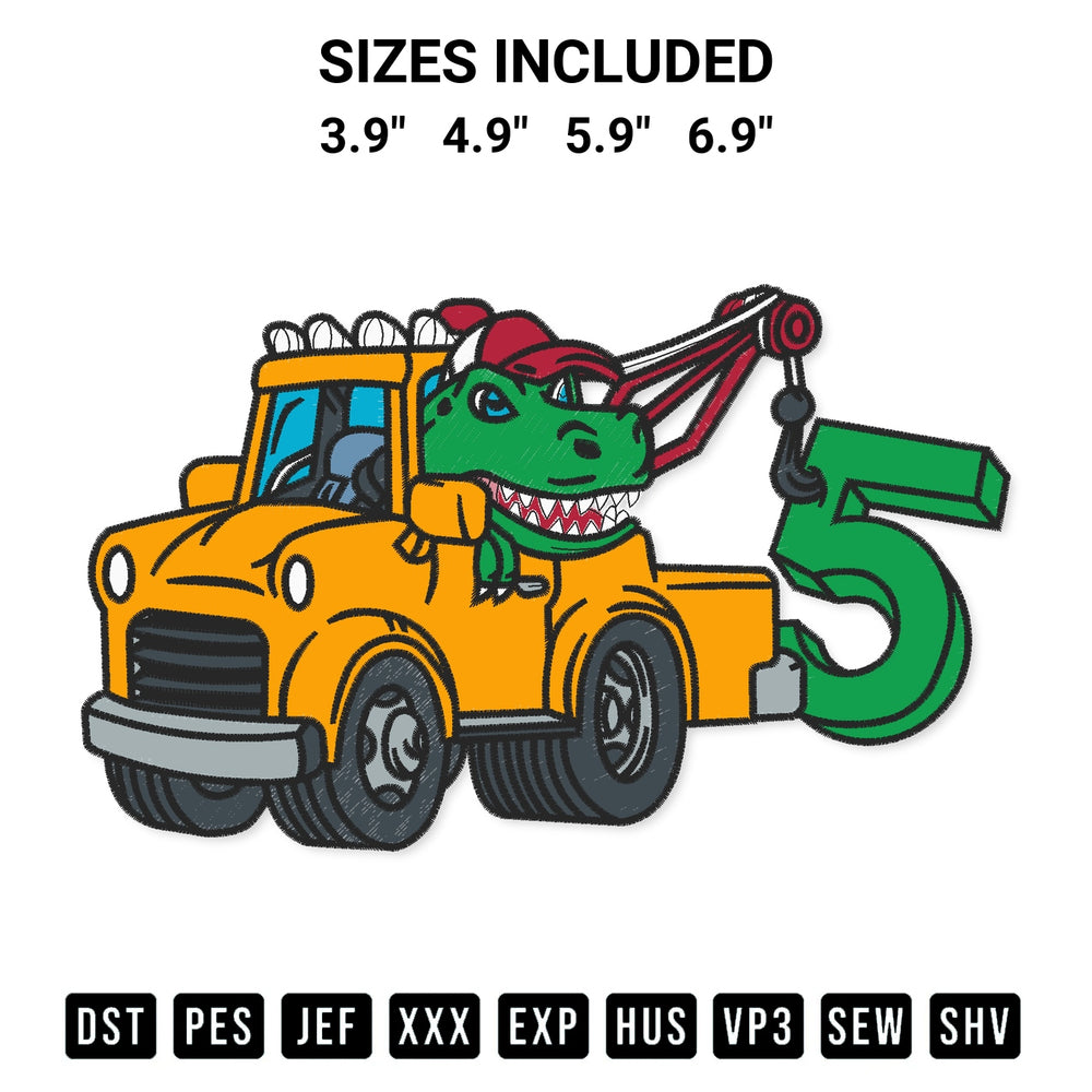 Stitch like a pro with the 5Th Birthday Tow Truck Dinosaur Embroidery Design embroidery pattern from Designspacks.com. High-quality digital machine embroidery file. Available sizes: 3.9", 4.9", 5.9", 6.9".