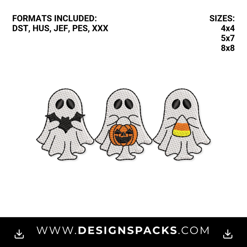 Cute Halloween Ghosts Bat Pumpkin Candy Corn Embroidery Design - Instant digital download pattern at Designspacks.com