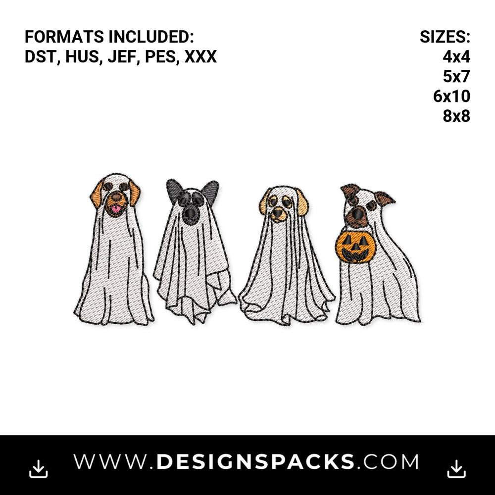 Cute Halloween Ghost Dogs Costume Embroidery Design - Instant digital download pattern at Designspacks.com