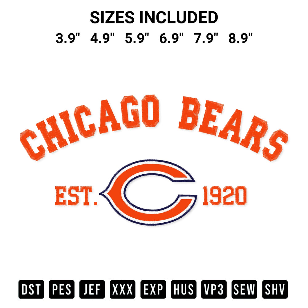 Get the Chicago Bears Est 1920 Embroidery Design embroidery design for your custom crafts! Premium digitized files available for instant download at Designspacks.com. Available sizes: 3.9", 4.9", 5.9", 6.9", 7.9", 8.9".