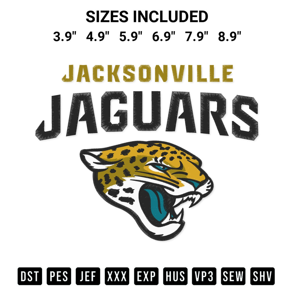 Transform your fabrics with the Jacksonville Jaguars Embroidery Design embroidery design. Instant access to premium digitized patterns at Designspacks.com. Available sizes: 3.9", 4.9", 5.9", 6.9", 7.9", 8.9".