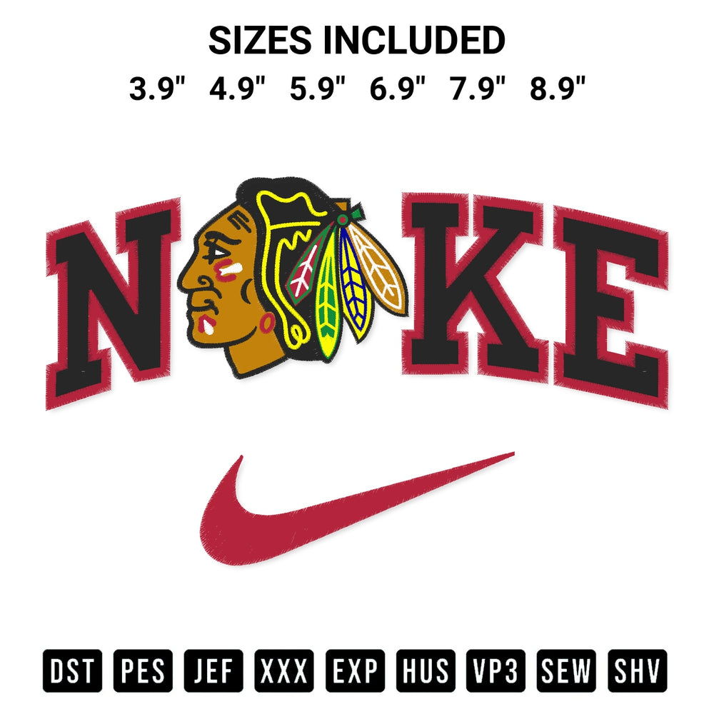 Transform your fabrics with the Nike Chicago Blackhawks Embroidery Design embroidery design. Instant access to premium digitized patterns at Designspacks.com. Available sizes: 3.9", 4.9", 5.9", 6.9", 7.9", 8.9".