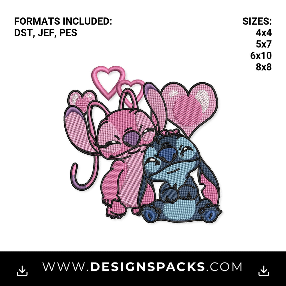 Cute Stitch and Angel Love Hearts Embroidery Design - Instant digital download pattern at Designspacks.com