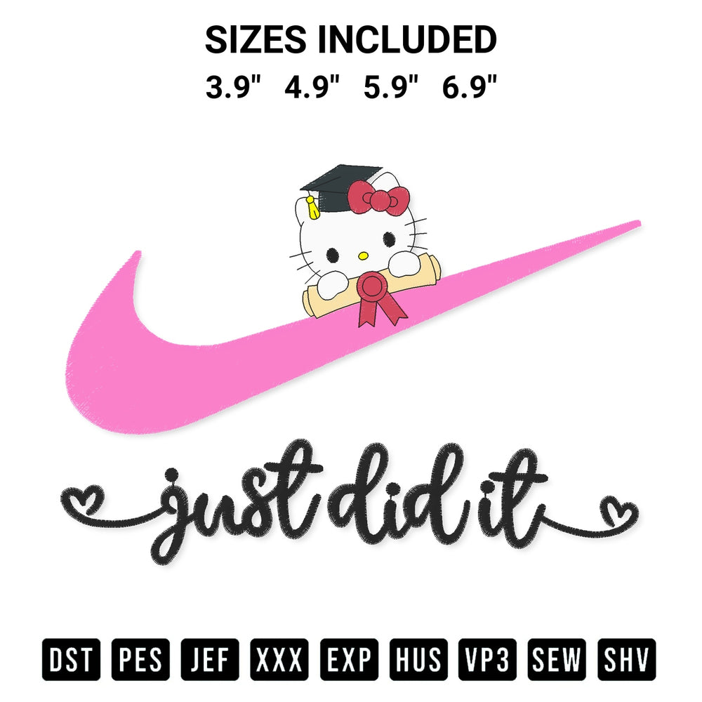 Get the Swoosh Hello Kitty Graduation Embroidery Design embroidery design for your custom crafts! Premium digitized files available for instant download at Designspacks.com. Available sizes: 3.9", 4.9", 5.9", 6.9".